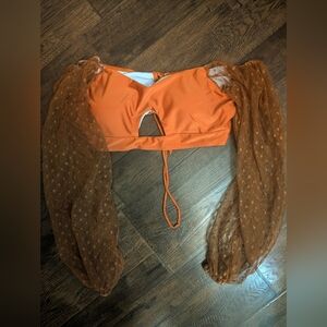 Orange/Tan Swimsuit Top With Sheer Polka Dot Sleeves
